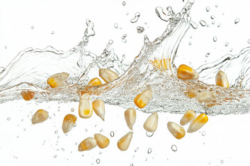 Corn kernels splashing into water on white background