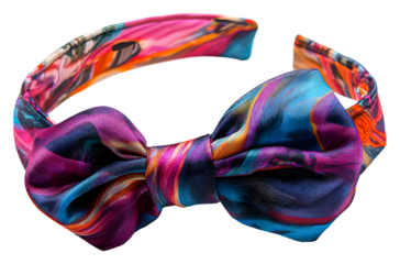 Colorful silk bow tie headband for vibrant fashion styling isolated on transparent background