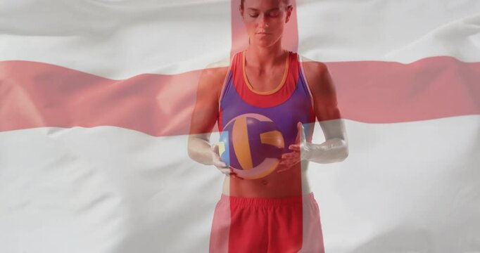 Animation of flag of england over caucasian female netball player
