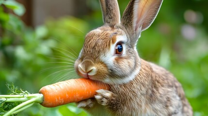 Obraz premium Adorable Rabbit Nibbling on Fresh Carrot in Grassy Garden