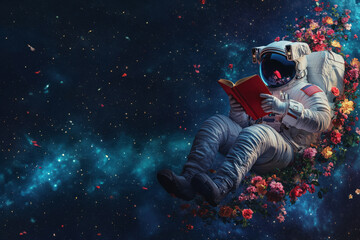 Astronaut reading a book amidst floating flowers in space