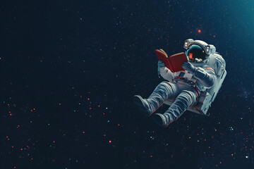 Astronaut reading a red book in the depths of space
