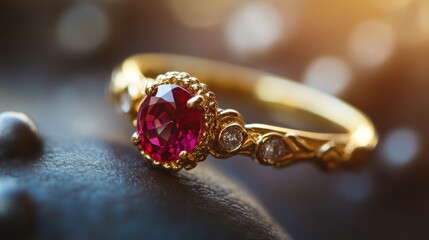 Fototapeta premium Exquisite Ruby and Diamond Ring in Ornate Gold Setting