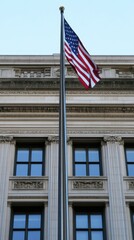 An American flag flutters prominently in front of a beautifully detailed historic structure under a clear blue sky during the day