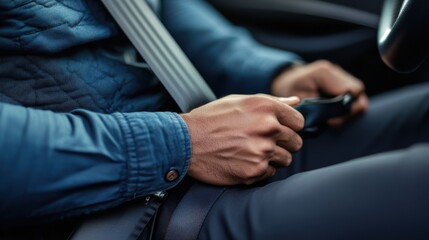 A driver fastening their seatbelt before starting the car, emphasizing road safety.