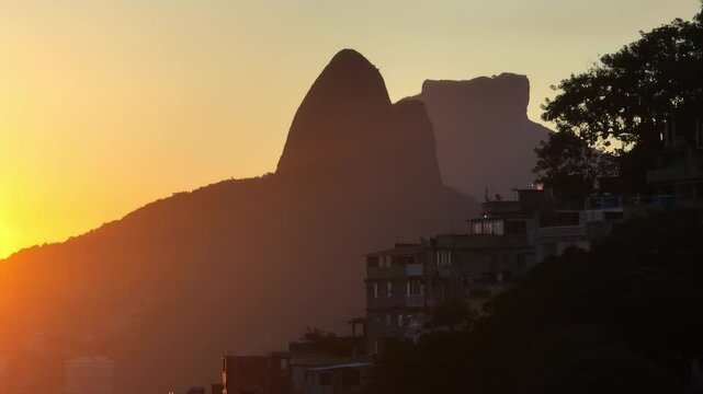 Aerial view of morro dois irmaos at sunset with a picturesque cityscape and skyline, Rio de Janeiro, Brazil.