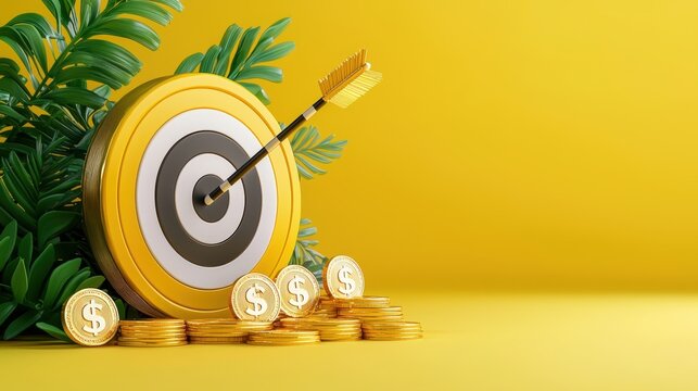 Target hit by an arrow with coins, symbolizing financial success and achievement against a vibrant yellow background.