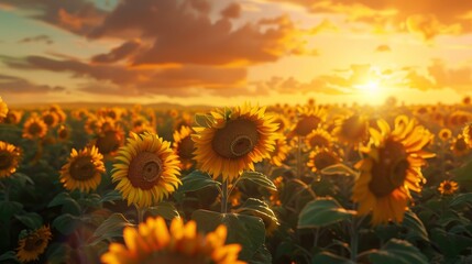 Obraz premium Golden Sunflowers in a Vibrant Field at Sunset with Soft Clouds and Warm Light