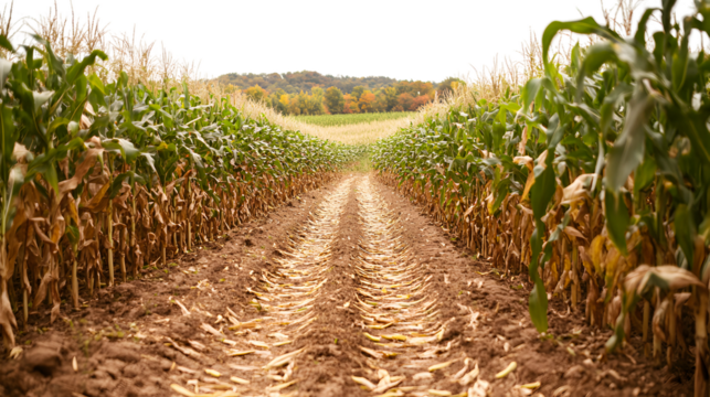 Rows of corn in a field during autumn on a cloudy day isolated on transparent background