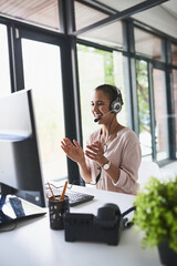 Computer, woman and headset as online English teacher with smile or excited with language lesson....