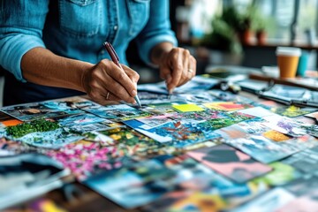 Obraz premium Close-up of a person's hands carefully working on a colorful collage in a bright, organized workspace representing creativity, meticulous attention to detail, and modern artistic efforts.