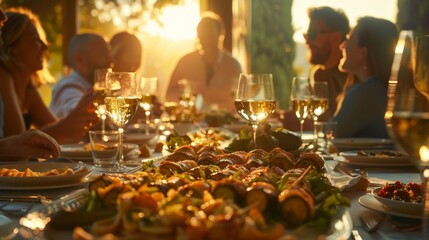 A joyful outdoor dining experience with friends at sunset, featuring delicious food and warm conversations in a serene setting