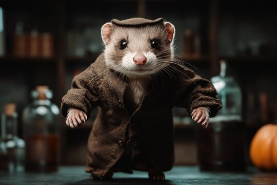 Ferret in a Frankenstein costume running through a spooky laboratory, [Frankenferret], [creative Halloween animal].