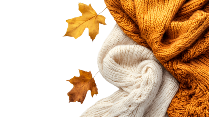 Cozy autumn scarves and leaves arranged for seasonal decor isolated on transparent background