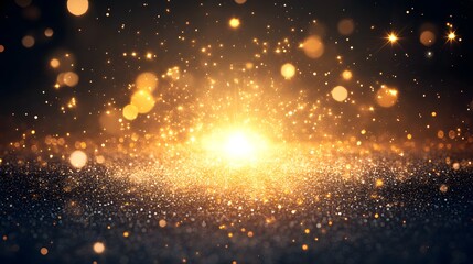 Obraz premium Golden Glitter Sparkles and Bokeh Lights on Black Background