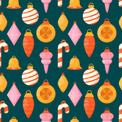 Christmas tree toy background. Holiday seamless pattern