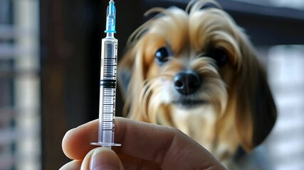 Veterinarian holding syringe with vaccine near domestic dog in clinic. Treatment and pet care. National Vaccination Day. World Rabies Day. Animal care, vaccination of pets concept