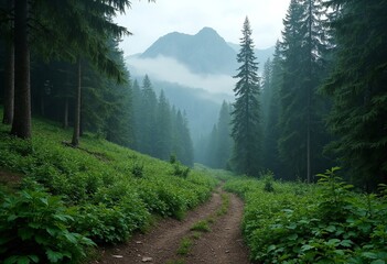 Obraz premium Lush forest trail with misty mountain views
