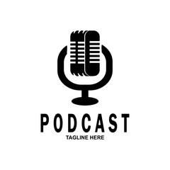 Podcast with microphone. Unique business podcast logo emblem design template.