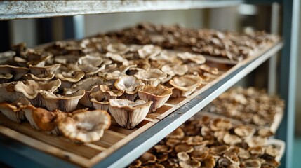 Drying Shelf with Layers of Fresh Mushrooms