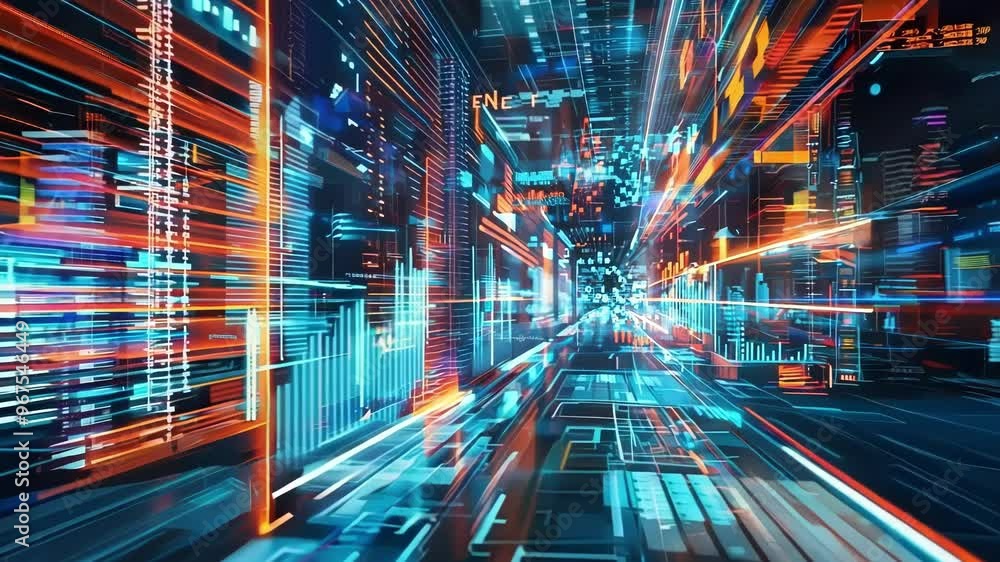 Poster futuristic hologram tunnel showing data and charts is projecting a digital city with blue and orange