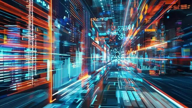 Futuristic hologram tunnel showing data and charts is projecting a digital city with blue and orange lights. This immersive technology could be used for data analysis