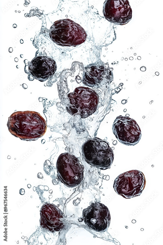 Poster fresh dates splashing into water on white background