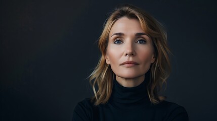 Fototapeta premium Middle Aged Woman in Black Turtleneck, Middle Aged, Woman, Black Turtleneck