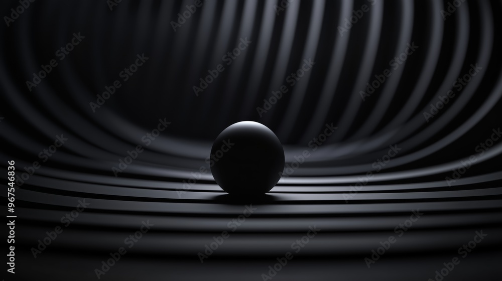 Poster abstract and minimal curved elliptical lines and a 3d sphere in the middle on a back background.