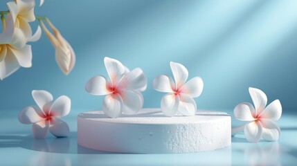 Cubic podium with flowers on blue background for cosmetic product display