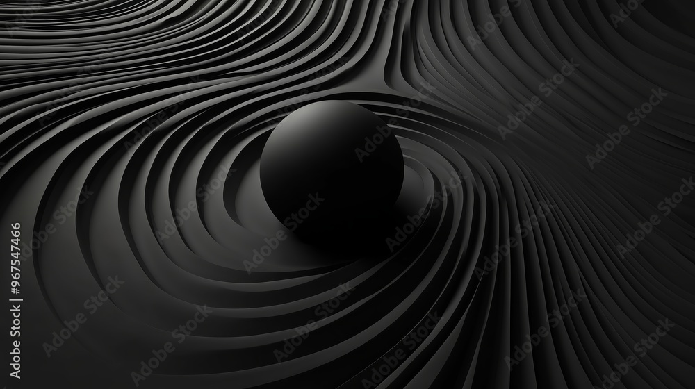 Poster abstract and minimal curved elliptical lines and a 3d sphere in the middle on a back background.
