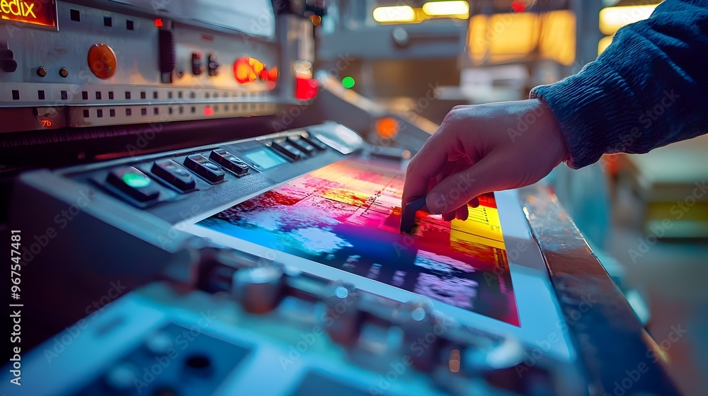 Poster hands operating vintage analog music mixing console panel with controls and displays