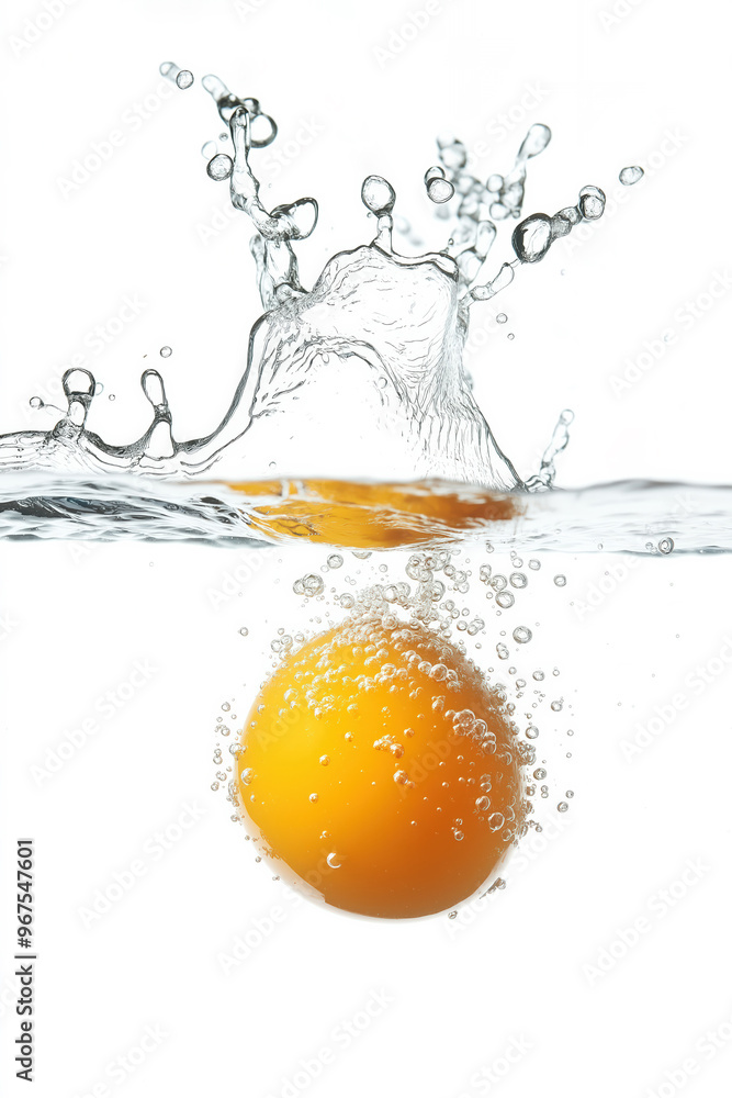 Poster egg yolk splashing into water creating bubbles