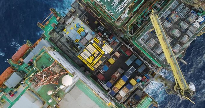 Macao, Brazil - 01 August 2024: Aerial view of the industrial offshore support vessel FPSO FORTE surrounded by ocean waves, Macae, Brazil.