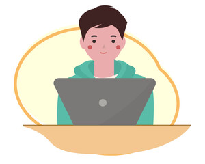 パソコンをする男の子。ベクターイラスト