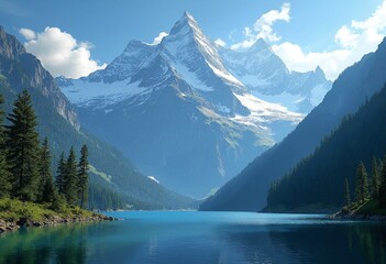 Majestic snow-capped mountain range towers above serene alpine lake, surrounded by lush green forest, under a vivid blue sky with wispy white clouds