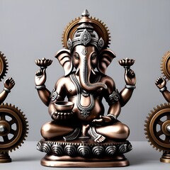 Fototapeta premium Three bronze statues of the Hindu god Ganesha, intricately designed, showcasing his iconic elephant head and multiple arms.