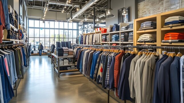 Stylish Clothing Retail Store with Organized Merchandise Display and Shelving