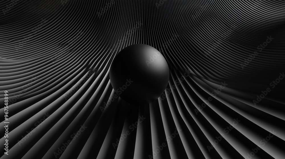Poster abstract and minimal curved elliptical lines and a 3d sphere in the middle on a back background.