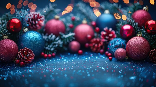 Holiday-themed setup with vibrant lights and festive ornaments adorned on the left side of the frame, leaving room on the right for adding personalized text or promotional information