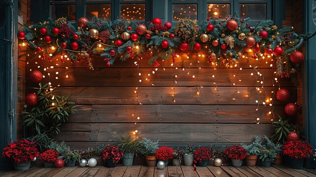 Holiday-themed setup with vibrant lights and festive ornaments adorned on the left side of the frame, leaving room on the right for adding personalized text or promotional information