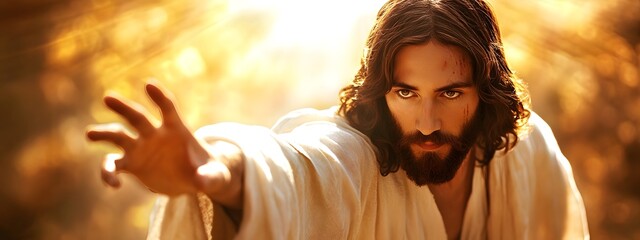 A figure of Jesus Christ reaching out with his hand, wearing white robes