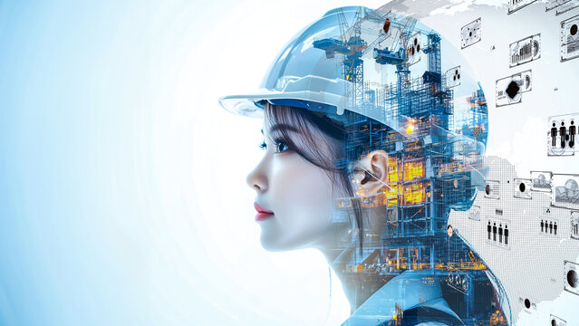 Engineer wearing protective gear, connected to virtual interface of a world map