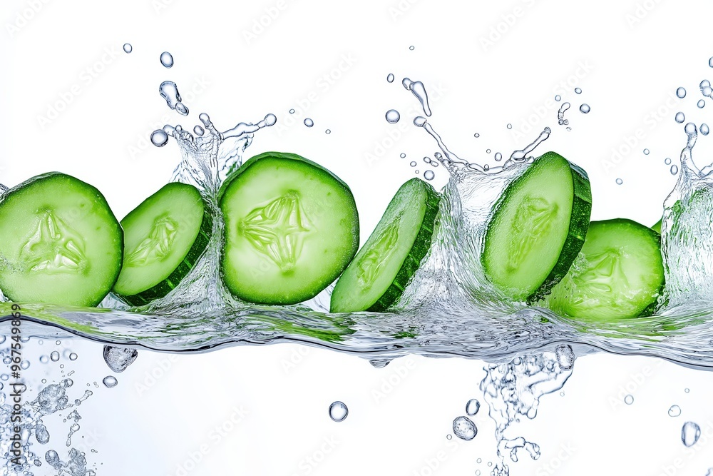 Poster cucumber slices splashing into water on white background