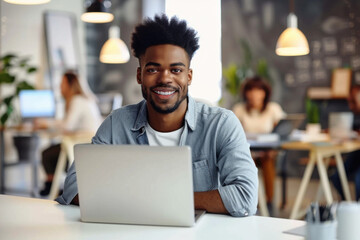 Obraz premium Positive young businessman working on laptop in modern office. Successful african business man working on computer while sitting at desk. Smiling middle aged man working in a corporate.