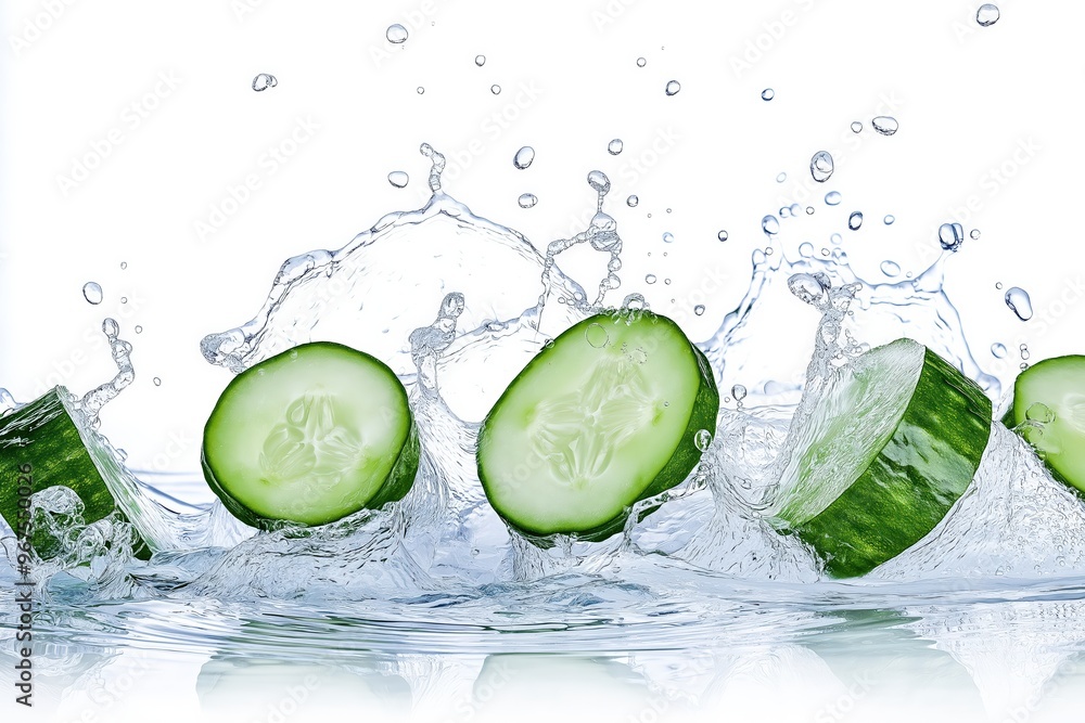 Poster slices of cucumber splashing into water on white background