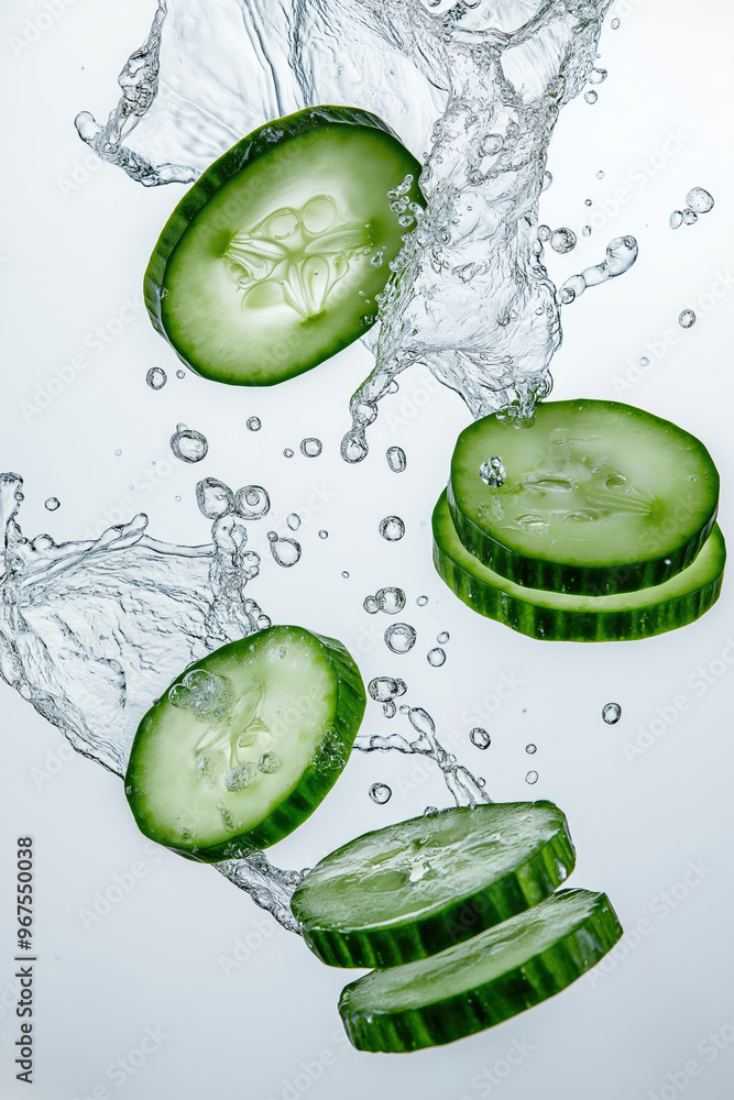 Poster cucumber slices splashing into cool refreshing water