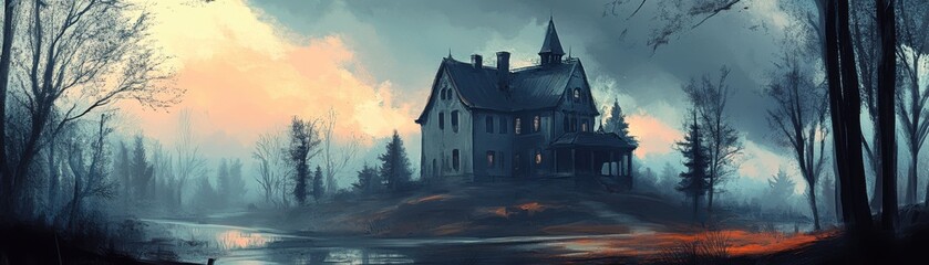Fototapeta premium A mysterious haunted house silhouette surrounded by foggy trees and a tranquil lake, evoking a sense of eerie tranquility.