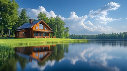 Fototapeta premium Peaceful Log Cabin Reflected in Tranquil Lake Surrounded by Lush Forest