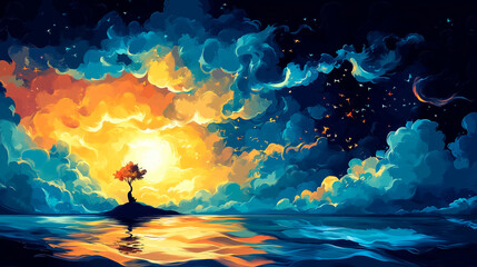 A beautiful painting of a solitary tree on a small island illuminated by vibrant exploding colors in the sky